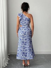 Elenzga 大码女式花卉印花优雅不对称肩部不对称连衣裙 - 彩色 - 查看 2