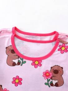 4件套女童休闲舒适花卉蝴蝶结印花短袖上衣和短裤家居服套装 - 彩色 - 查看 3