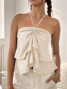 Women's Summer Solid Color Ruffle Neck Halter Camisole - Apricot - View 3