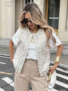 Serisse 时尚无袖亮片女式夹克，适合日常休闲通勤 - 杏色 - 查看 3