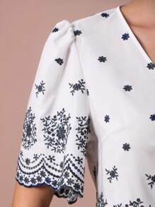 Enchnt Romantisches Set für Frühling/Sommer, weißes Oberteil mit Blumenstickerei-Print zum Binden vorne, Puffärmeln und Midirock für Damen, Urlaubsoutfit, süß und elegant für Geburtstage, Weihnachtsfeiern, süße Verabredungen, das tägliche Pendeln, Urlaub, Abschlussfeiern, Nachmittagstee und Gartenpartys, Sommeroutfits für Damen - Blau-Weiß - Übersicht 2