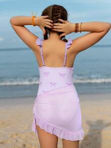 SHEIN 女童可爱蝴蝶结印花肩带荷叶边连体泳衣，带裙摆，适合夏季游泳、度假、海滩 - 紫色 - 查看 2