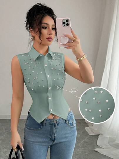 Elenzga Camisa de mujer de unicolor con botones delanteros, sin mangas, con ribete de cuentas y cintura ajustada