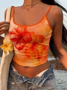 SHEIN EZwear Camiseta de tirantes de estilo vintage casual/vacacional, sexy y linda, con estampado de flor de hibisco naranja en efecto tie-dye, diseño gráfico con acuarela floral y cocotero, estilo bohemio y adecuada para el verano