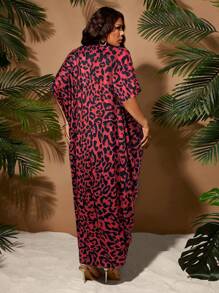 SHEIN SXY 大码女式春夏优雅性感豹纹凹纹时尚开衩前聚拢连衣裙 - 紅色 - 查看 2