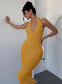 SHEIN Privé 情人节新款优雅浪漫约会无袖V领纹理杏色修腰修身连衣裙，春夏 - 黃色 - 查看 3