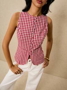 Poéselle 女式简约日常格子口袋腰部无袖衬衫 - 紅白色 - 查看 6
