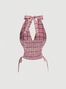 SHEIN MOD Top de tirantes con escote en V a cuadros rojos para mujer - Rojo - Ver 2