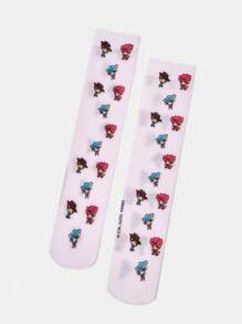 THE POWERPUFF GIRLS X SHEIN 1 双女式可爱牛仔卡通图案欧根纱中筒袜，粉色