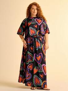 CAJUNI Falda larga estampada con corazones de colores, estilo bohemio, para vacaciones, casual, playa, verano, para mujer tallas grandes, color negro