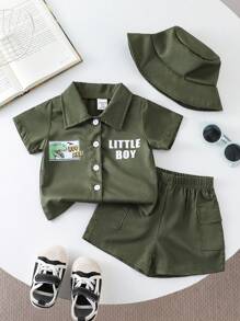 SHEIN Playful Pals 男婴休闲户外套装，前开领衬衫，印有可爱动物和口号，裤子带口袋，包括渔夫帽