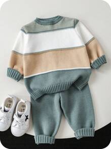 SHEIN 2pcs/Set Baby Boy/Girl Casual Dropped Shoulder Striped Crew Neck Sweater Top And Ribbed Cuff Pants Outfit, Suitable For Autumn/Winter Wear, Both Home And Outdoor