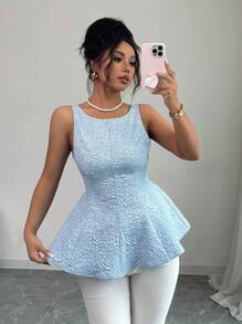 Elenzga Neuer Frühlings-Sommer Damen Urlaubs-Lässig eleganter Jacquard-Stoff schlanker kurzer exquisiter Oberteil mit offenem Rücken, Schleifen-Dekoration, schlanker Rüschen-Saum, modisch und vielseitig mit floralem Texturmuster, elegante junge Pendler-Party-Date-Mode, junger neuer Sommer, hellblauer floraler Textur-Stoff Damen-Oberteil - Babyblau - Übersicht 4