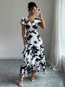 Elenzga Vestido largo con cuello en V, mangas con volantes y cintura anudada, estampado para mujer - Blanco y Negro - Ver 6