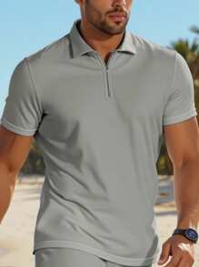 Manfinity Dauomo Men's Solid Zip-Up Short Sleeve Polo Shirt And Pocket Shorts Set - Light Grey - View 3