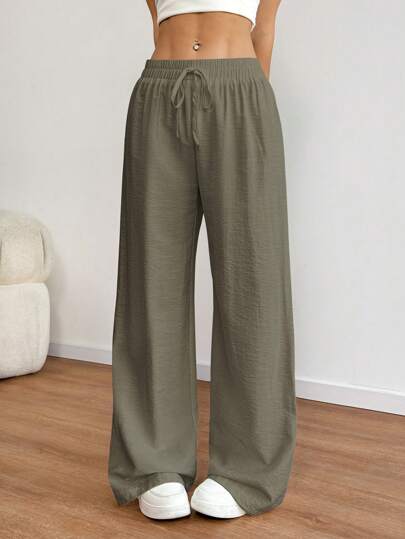 Flirla Women Casual Linen Blend Elastic Waistband Wide Leg Straight Pants, Spring/Summer Fall Cloth For Women