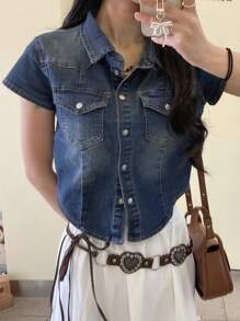 DAZY 马球领做旧毛边短袖牛仔上衣 - 深色水洗藍 - 查看 5