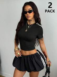 Coolane Women's Summer Festival Going Out Streetwear Western Wear Vacation Outfits Gyaru Banded Texture Decoration Slim Fit Tees And Bubble Skirts Two Pieces Outfits - Black - View 3