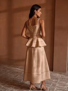 MOTF PREMIUM LASER CUT PEPLUM WAIST RAW EDGE MIDI DRESS - Brown - View 3