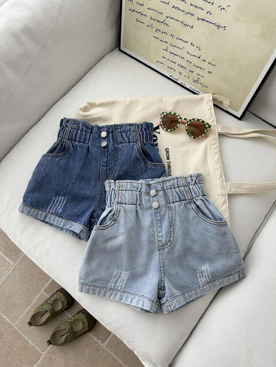 SHEIN 年轻女孩一条深蓝色和可爱的浅蓝色牛仔荷叶边腰合身短裤，春夏休闲度假乡村波西米亚风装 - 淺色水洗藍 - 查看 1