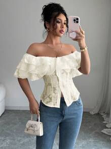 Elenzga Áo sơ mi hở vai nhún bèo lãng mạn ngọt ngào dành cho nữ, áo cánh ngắn thời trang cho mùa hè - Màu be - Xem 1