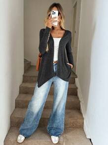 SHEIN LUNE Abrigo con dobladillo de pañuelo en la parte delantera abierta para otoño/invierno - Gris Oscuro - Ver 6