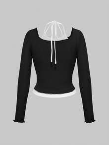 ROMWE 2 In 1 Halter Neck Long Sleeve Cute Splicing T-Shirt - Black - View 2