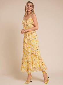 Amorya 女式 V 领荷叶边花卉印花吊带连衣裙，黄橙色，腰部设计优雅连衣裙，适合日常穿着，春夏季 - 彩色 - 查看 8