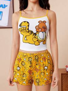 GARFIELD | SHEIN Women's Camisole Top & Shorts Pajama Set, Yellow Contrast, White Top, Homewear, Cartoon Pattern, Cute Pattern, Cute Pajama Set, Graphic Pajama Set, Back To School, Y2K, Casual - Yellow - View 3