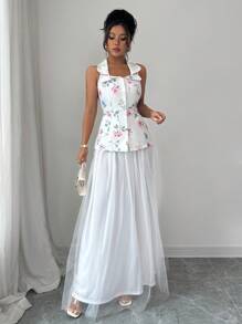 Elenzga Spring/Summer New Women's Elegant Print, Floral Pattern, Print, Sleeveless Lapels, Waist Cinched Elegant Design Top And White Mesh Paneled Maxi Skirt 2-Piece Women's Suit