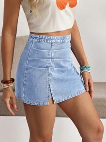 Breezaya 女式纯色荷叶边开衩休闲牛仔A字裙，夏季 - 淺色水洗藍 - 查看 2