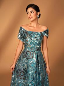 优雅奢华的织锦露肩保守 A 字裙，适合婚礼、派对、节日、舞会、晚礼服、新娘母亲 - 藏蓝色 - 查看 4