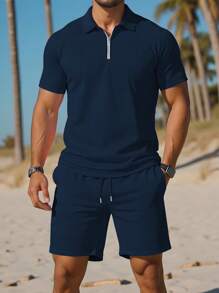 Manfinity Dauomo 男士 1 套纯色半拉链短袖 Polo 衫和口袋短裤套装