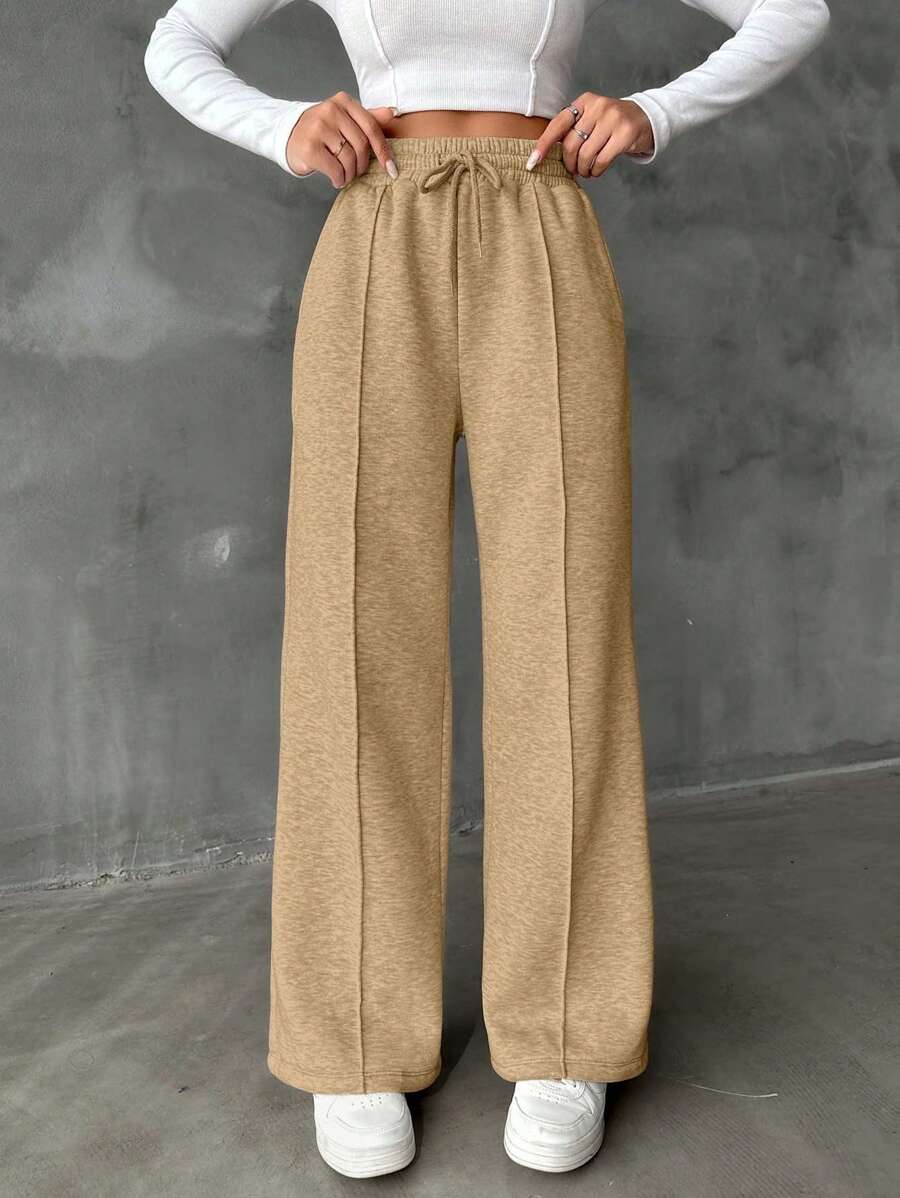 SHEIN Cottnline Damskie spodnie dresowe w jednolitym kolorze ze ściągaczem i prostymi nogawkami - Wielbłąd - Zobacz 1