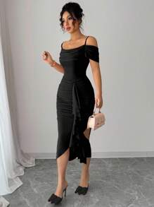 Elenzga Vestido elegante con dobladillo asimétrico y tirantes