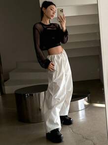 DAZY 1pc Hollow Out Super Crop Top Going Out Tops Festival Sheer,Beach Outfits Long Sleeve Women Tops - Black - View 7