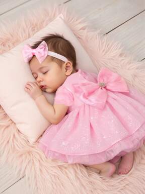 SHEIN 2Pcs Set Lace Newborn Girl Photo Outfits With Bow Headband Glitter Mesh Princess Dress 1 Month 100 Days Baby Photography Props