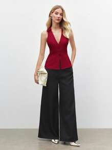 BizChic 酒红色翻领无袖上衣，现代优雅都市通勤日常浪漫90年代复古风，适合圣诞节、新年、情人节、派对、海滩、毕业典礼、时尚、嘉年华、假日等场合，百搭浪漫，也适合婚礼宾客、主人、外出、约会、派对、音乐会、舞台表演、早餐、机场等多种场合。 - 紅色 - 查看 3