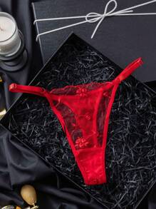 SHEIN Elegant Sheer Embroidered Push Up Bra And Panty Lingerie Set For Plus Sizes, Lift - Red - View 4