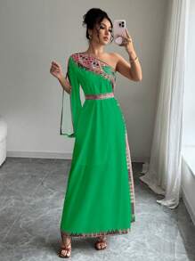 Elenzga 不对称领口印花优雅夏装 - 綠色 - 查看 4