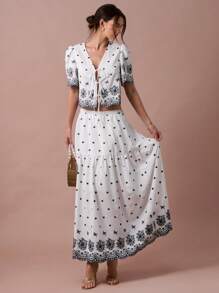 Enchnt Romantisches Set für Frühling/Sommer, weißes Oberteil mit Blumenstickerei-Print zum Binden vorne, Puffärmeln und Midirock für Damen, Urlaubsoutfit, süß und elegant für Geburtstage, Weihnachtsfeiern, süße Verabredungen, das tägliche Pendeln, Urlaub, Abschlussfeiern, Nachmittagstee und Gartenpartys, Sommeroutfits für Damen - Blau-Weiß - Übersicht 6