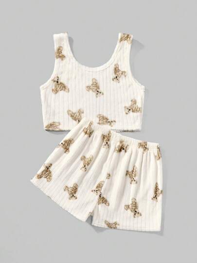 Kawaii Coral Fleece Cute Bear All Over Print Vest & Shorts Pajama Set