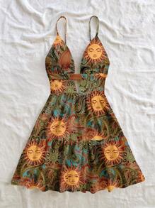 Soleia 休闲假日风格绿色太阳神佩斯利腰果复古图案女式休闲假日 V 领镂空露背荷叶边迷你连衣裙，适合夏季、度假 - 彩色 - 查看 6