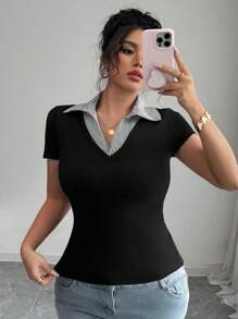 Elenzga 女士加大码优雅拼色领拼接修身弹力休闲百搭时尚设计短袖衬衫上衣，2025 年春夏新品 - 彩色 - 查看 4