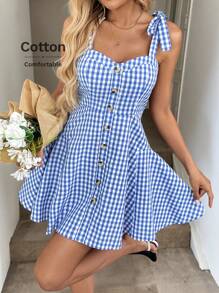 Easowa Women's Casual Tie Strap Bow Shoulder Padded Bust Cinched Waist Multi-Layer Flared Hem Button Front Jumper Dress, Plaid Pattern, Elegant Vacation Street Style Mini Dress - Blue and White - View 6