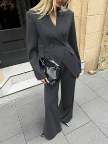 Aloruh 1 套纯色交叉裹身西装外套和裤子套装，秋冬通勤休闲基本款 - 深灰色 - 查看 4