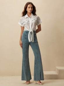 Anewsta Women's Luxurious French Lace Trim Beaded Short Sleeve Bow Tied Blouse Shirt - White - View 5