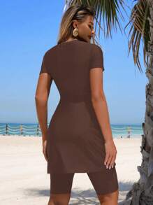 Swim Mulvari 全新夏季女式圆领短袖连衣裙，荷叶边下摆和海星装饰 + 纯色休闲度假 5 分钟短裤比基尼套装 - 棕色 - 查看 2