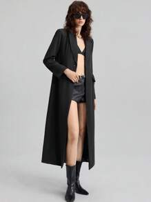 Ontre 2025 Women's Autumn Black Long Sleeve Extended Blazer,Chic Smart Office Wear,Minimalist Waist Cinched Lapel Collar,High-Quality Retro Business Casual - Black - View 8