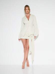 KIZN 细条纹迷你裙办公室专业侧蝴蝶结长袖优雅灯笼袖商务正式春秋季晚会